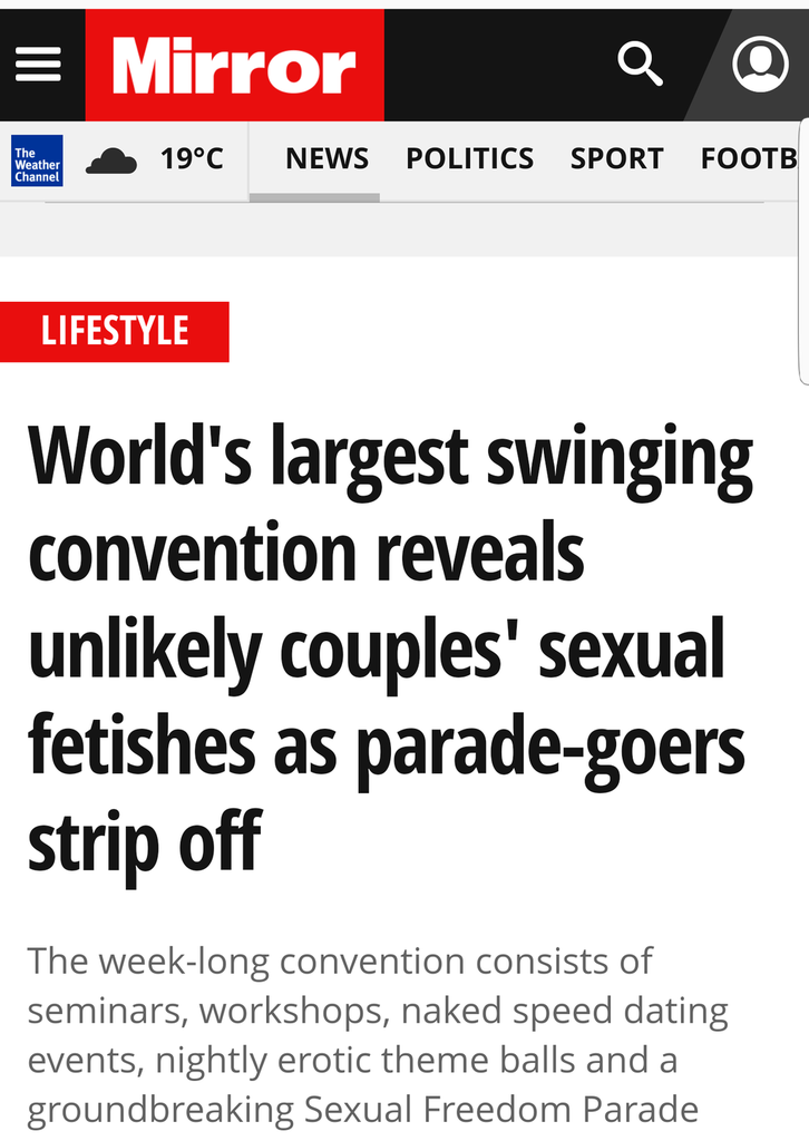 Mirror Article July 13, 2017 - World's largest swinging convention