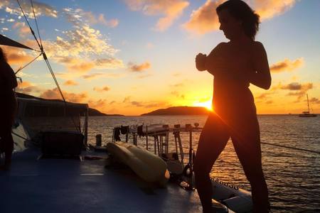 Carol 'fluffing' nipple for sunset pic - BVI trip 2017